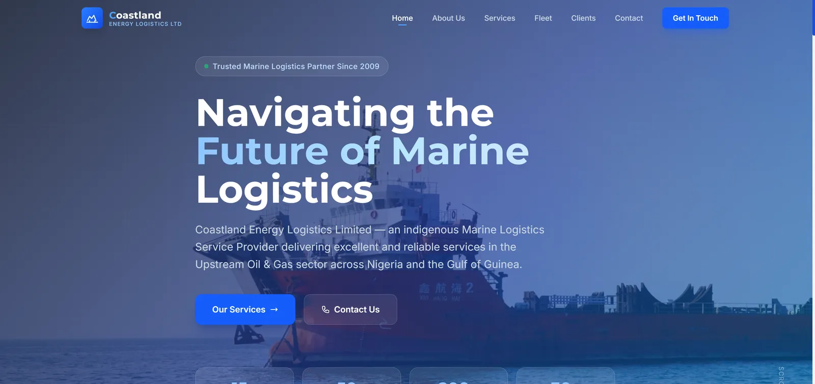 Coastland Energy Logistics homepage with the headline Navigating the Future of Marine Logistics over a photo of a vessel.